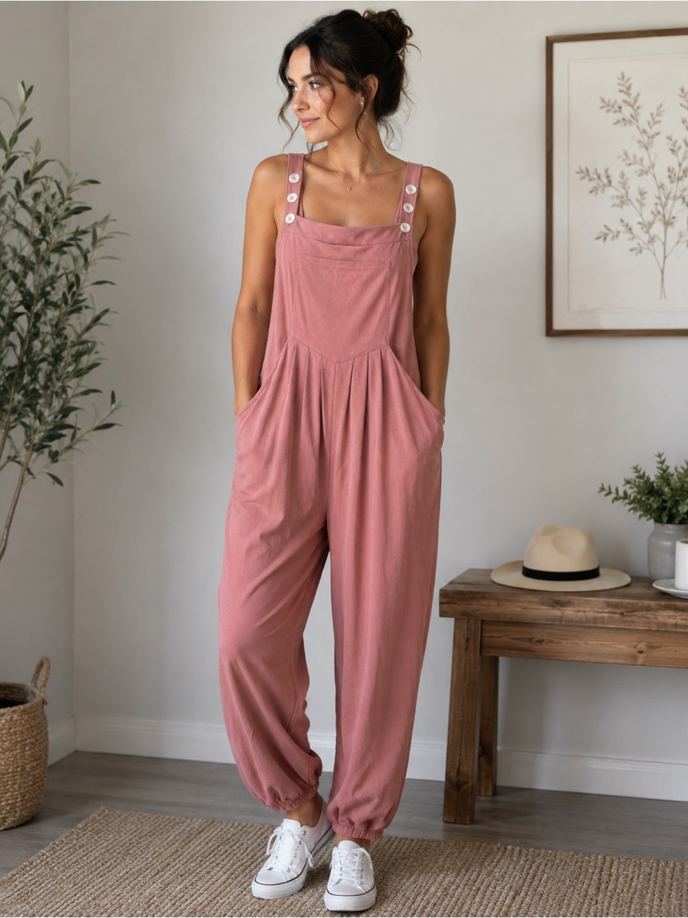 NWT Halara Dusty Rose Relaxed Overall Jumpsuit Button Strap Pockets